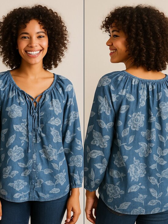 Cato 22/24W Blue Floral Denim Peasant Top Cotton Tencel Boho Romantic Cottage - Picture 1 of 7